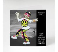 Holy Mackerel acid indigestion birthday card featuring a rave character - designed by artist Erica Sturla - 15cm square and blank inside for your message - made in the UK