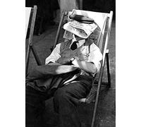 Holy Mackerel asleep under newspaper retro black and white photographic card featuring a vintage image of a man in a deckchair - 12.6 x 17.7cm and blank inside