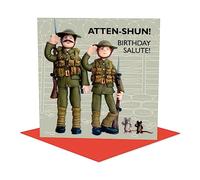 Holy Mackerel Atten-shun British Tommies birthday card featuring WWI soldiers - designed by artist Erica Sturla - 15cm square and blank inside for your message - made in the UK