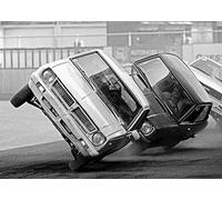 Holy Mackerel automobile stunt retro black and white photographic card featuring a vintage image of cars balanced on two wheels - 12.6 x 17.7cm and blank inside