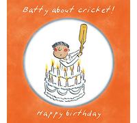 Holy Mackerel Batty about cricket, a 15cm square sports themed birthday card featuring Rosie Brooks artwork, blank inside for your message. For Dad, Uncle, grandad, son, nephew, husband, friend etc.