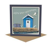 Holy Mackerel Beach hut blank coastal themed retirement card designed by Seth Draper, 15cm square with a brown kraft envelope