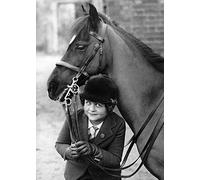 Holy Mackerel before the gymkhana retro black and white photographic card featuring a vintage image of a young rider and her horse - 12.6 x 17.7cm and blank inside