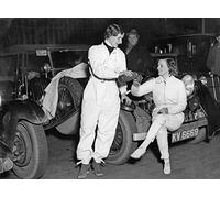 Holy Mackerel before the race retro black and white photographic card featuring a vintage image of female racing drivers having a coffee - 12.6 x 17.7cm and blank inside