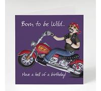 Holy Mackerel born to be wild motorbike themed male birthday card for him - designed by artist Erica Sturla - 15cm square and blank inside for your message - made in the UK