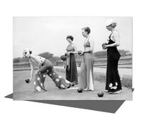 Holy Mackerel bowling belles retro black and white photographic card featuring a vintage image of women in high fashion outfits playing bowls - 12.6 x 17.7cm and blank inside