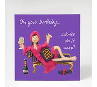 Holy Mackerel calories don't count birthday card for her - designed by artist Erica Sturla - 15cm square and blank inside for your message - made in the UK