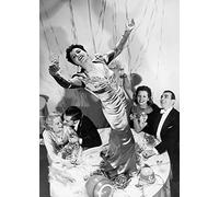 Holy Mackerel cheers retro black and white photographic card featuring a vintage image of dancing on tables at a party - 12.6 x 17.7cm and blank inside