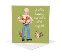 Holy Mackerel Chick Magnet male birthday greetings card designed by Erica Sturla Card is 15cm square and blank inside for your own message