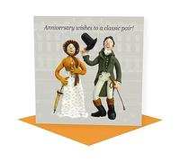 Holy Mackerel classic pair Darcy and Lizzie wedding anniversary card featuring the Jane Austen duo - designed by artist Erica Sturla - 15cm square and blank inside for your message - made in the UK