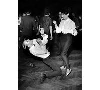 Holy Mackerel couple doing the twist retro black and white photographic card featuring a vintage image of a man and a woman dancing - 12.6 x 17.7cm and blank inside