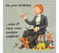Holy Mackerel creature comforts Beatrix Potter birthday card featuring the author with animal friends - designed by artist Erica Sturla - 15cm square and blank inside for your message - made in the UK