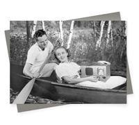 Holy Mackerel Cruising to music blank greeting card - a 12.6 x 17.7cm Alternative Image design featuring a vintage black and white photo of a couple on the river - blank inside