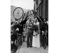 Holy Mackerel cycle salute retro black and white photographic card featuring a vintage image of a wedding couple greeted by cyclists - 12.6 x 17.7cm and blank inside