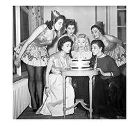 Holy Mackerel Diana Dors and friends retro black and white photographic card featuring a vintage image of glamorous women with a birthday cake and candles - 15cm square and blank inside