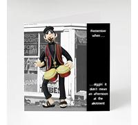 Holy Mackerel diggin' it birthday card featuring a beatnik playing bongos - designed by artist Erica Sturla - 15cm square and blank inside for your message - made in the UK