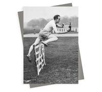 Holy Mackerel Don't spill it blank greeting card - a 12.6 x 17.7cm Alternative Image design featuring a vintage black and white photo of a man hurdling while carrying beer - blank inside