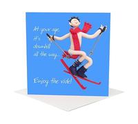 Holy Mackerel downhill all the way male skiing birthday card for him - designed by artist Erica Sturla - 15cm square and blank inside for your message - made in the UK