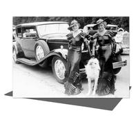 Holy Mackerel dressed to impress retro black and white photographic card featuring a vintage image of women in high fashion outfits with their dog and car - 12.6 x 17.7cm and blank inside