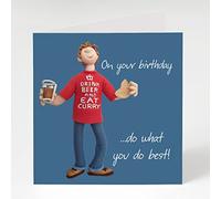 Holy Mackerel drink beer and eat curry male birthday card for him - designed by artist Erica Sturla - 15cm square and blank inside for your message - made in the UK