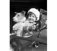 Holy Mackerel driving friends retro black and white photographic card featuring a vintage image of a little girl and her dog in a toy car - 12.6 x 17.7cm and blank inside