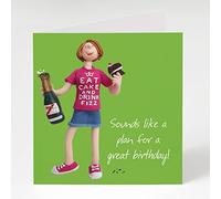 Holy Mackerel eat cake and drink fizz female birthday card for her - designed by artist Erica Sturla - 15cm square and blank inside for your message - made in the UK
