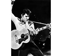 Holy Mackerel Elvis playing guitar black and white photographic card featuring a vintage image of a the singer and musician - 12.6 x 17.7cm and blank inside