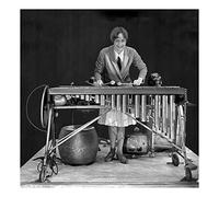 Holy Mackerel enthusiastic xylophone player retro black and white photographic card featuring a vintage image of a woman playing the percussion instrument - 15cm square and blank inside
