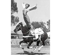 Holy Mackerel equine gymnastics retro black and white photographic card featuring a vintage image of a stunt rider standing on her horse - 12.6 x 17.7cm and blank inside