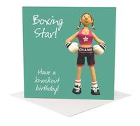 Holy Mackerel female boxing birthday card - designed by Erica Sturla - 15cm square and blank inside
