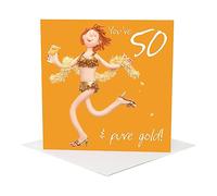 Holy Mackerel fifty pure gold female 50th birthday card for her - designed by artist Erica Sturla - 15cm square and blank inside for your message - made in the UK