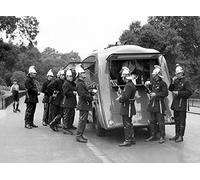 Holy Mackerel firemen taking a break retro black and white photographic card featuring a vintage image of firefighters stopping for a cup of tea - 12.6 x 17.7cm and blank inside