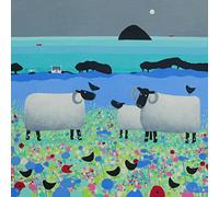 Holy Mackerel fleecies in flowers grazing sheep themed art card for him or her - designed by artist Ailsa Black - 15cm square and blank inside for your message