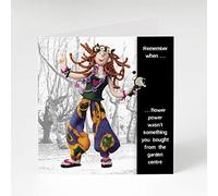 Holy Mackerel flower power birthday card featuring a female hippie - designed by artist Erica Sturla - 15cm square and blank inside for your message - made in the UK