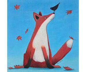 Holy Mackerel foxy tales fox and blackbird themed art card for him or her - designed by artist Ailsa Black - 15cm square and blank inside for your message