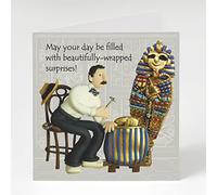 Holy Mackerel funny Howard Carter birthday card featuring the archaeologist with an Egyptian mummy - designed by artist Erica Sturla - 15cm square and blank inside for your message - made in the UK