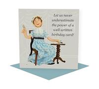 Holy Mackerel funny Jane Austen birthday card featuring the author at work - designed by artist Erica Sturla - 15cm square and blank inside for your message - made in the UK