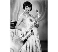 Holy Mackerel girl with sax retro black and white photographic card featuring a vintage image of a musician playing the saxophone - 12.6 x 17.7cm and blank inside
