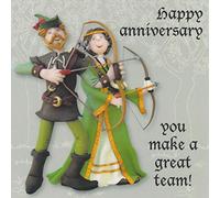 Holy Mackerel great team Robin Hood and Maid Marian anniversary card featuring the legendary couple - designed by artist Erica Sturla - 15cm square and blank inside for your message - made in the UK