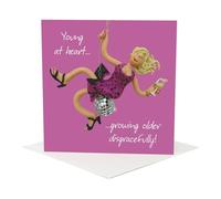 Holy Mackerel Growing older disgracefully card - a female disco themed birthday card by Erica Sturla with an image of one of her polymer clay figures - 15cm square and blank inside - made in the UK