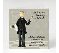 Holy Mackerel hangover remedy butler birthday card featuring a manservant with a drink - designed by artist Erica Sturla - 15cm square and blank inside for your message - made in the UK