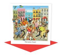 Holy Mackerel havana heat dancing themed blank greeting card - designed by artist Erica Sturla - 15cm square and blank inside for your own message
