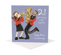Holy Mackerel having a blast brass 21st wedding anniversary card for a couple - designed by artist Erica Sturla - 15cm square and blank inside for your message - made in the UK