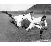 Holy Mackerel heading for the touchline retro black and white photographic card featuring a vintage image of a flying rugby tackle - 12.6 x 17.7cm and blank inside