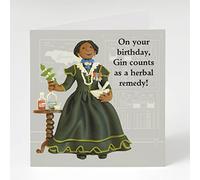 Holy Mackerel herbal remedy Mary Seacole birthday card featuring the nurse with a gin and tonic - designed by artist Erica Sturla - 15cm square and blank inside for your message - made in the UK