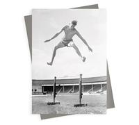 Holy Mackerel High jump vintage photographic card featuring an image of Erik Stai practising at White City, 1938-12.6 x 17.7cm and blank inside