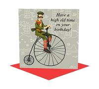 Holy Mackerel high old time penny farthing birthday card featuring a Victorian cyclist - designed by artist Erica Sturla - 15cm square and blank inside for your message - made in the UK