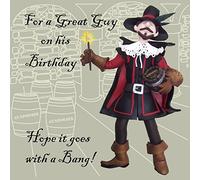 Holy Mackerel historical Hope it goes with a bang Guy Fawkes birthday card featuring the Gunpowder Plot - by artist Erica Sturla - 15cm square and blank inside for your message - made in the UK