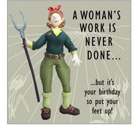 Holy Mackerel historical put your feet up land girl birthday card featuring a woman helping the war effort - by artist Erica Sturla - 15cm square and blank inside for your message - made in the UK