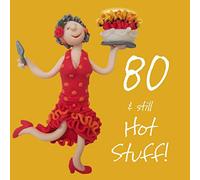 Holy Mackerel hot stuff female 80th birthday card for her - designed by artist Erica Sturla - 15cm square and blank inside for your message - made in the UK